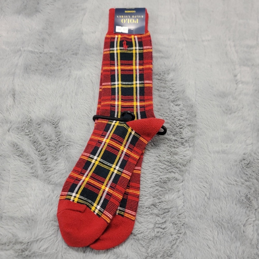 Polo Ralph Lauren Socks Mens 10-13 Red Plaid Tartan Cashmere Blend Mid Calf Pony